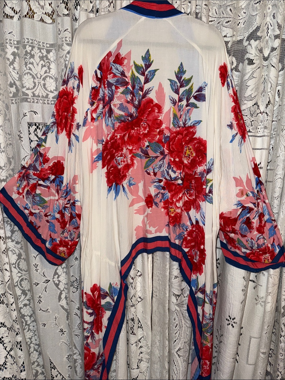 Flying Tomato White Floral Sheer Kimono with Red & Blue Accents